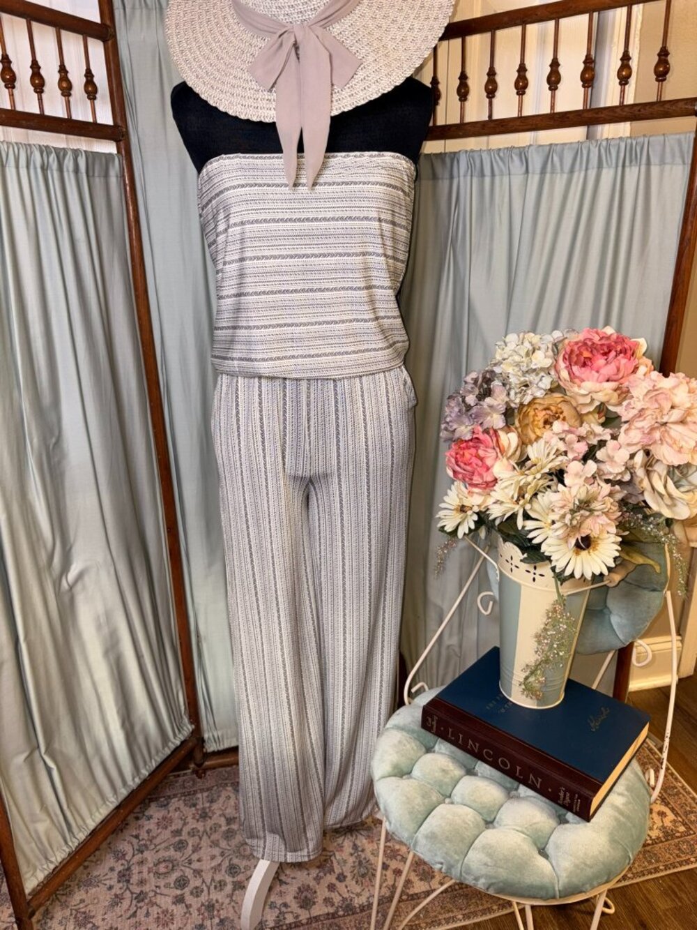 Boho Strapless Jumpsuit Set Exist NWT Small Wide Leg Romper Neutral Print Summer